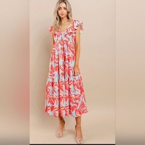TCEC Coral & Light Blue Floral Ruffle Midi Dress